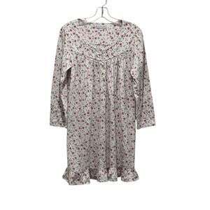Eileen West Floral 100% Cotton Knit‎ White/Pink Long Sleeve Ruffled Chemise - S